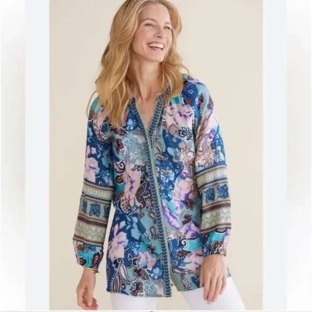 Soft Surroundings Apolline Gauze Long‎ Sleeve V-Neck Embroidered Tunic Size M